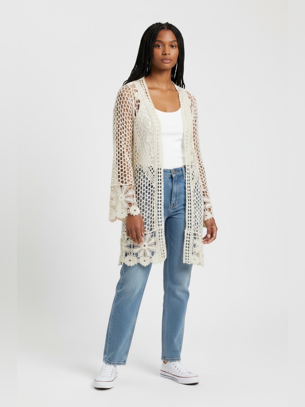 Rebellion Cream Crochet Open-Front Cardigan